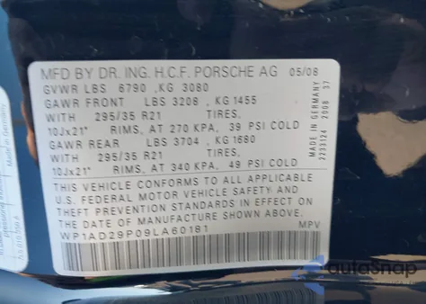 2009 Porsche Cayenne Gts z USA, uszkodzony, nr VIN WP1AD29P09LA60181